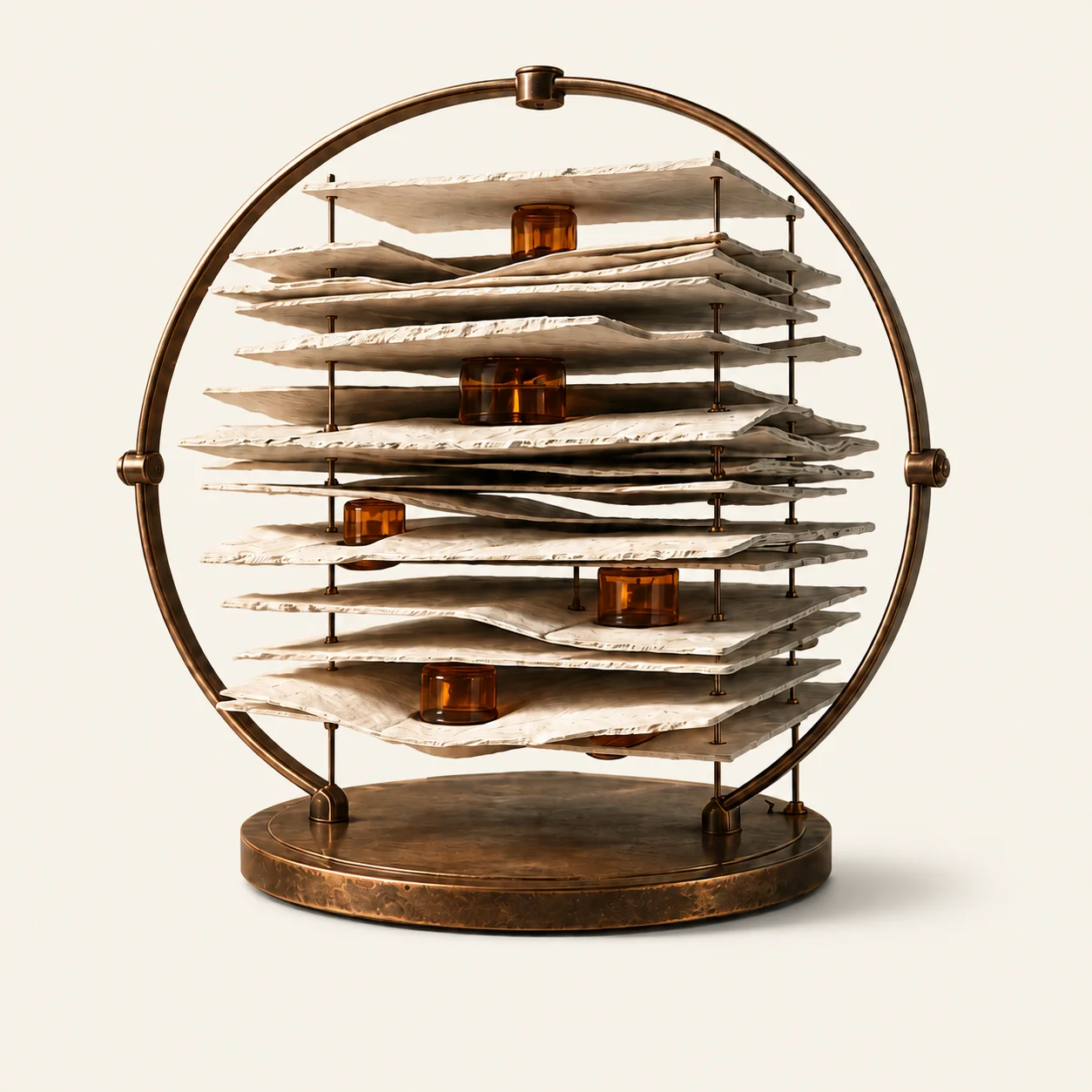 An archive of floating paper memories held in a circular bronze frame.